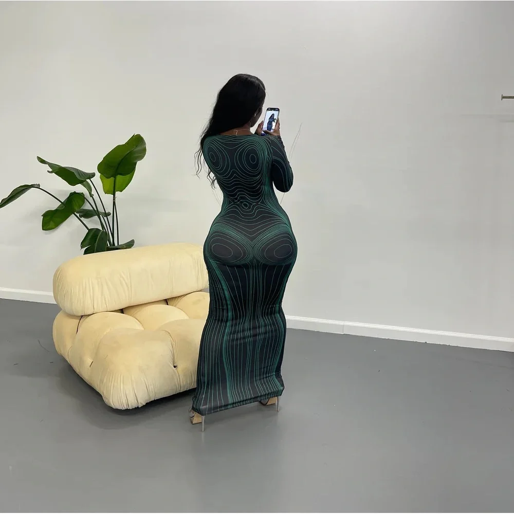 Green Body Swirl Map Print Dress, Medium - Picture 2 of 6